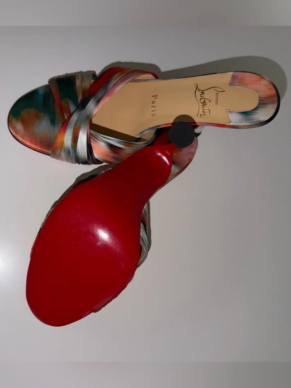Christian Louboutin Multicolor Satin Twist Slide Mules with Red Sole - Picture 1 of 4